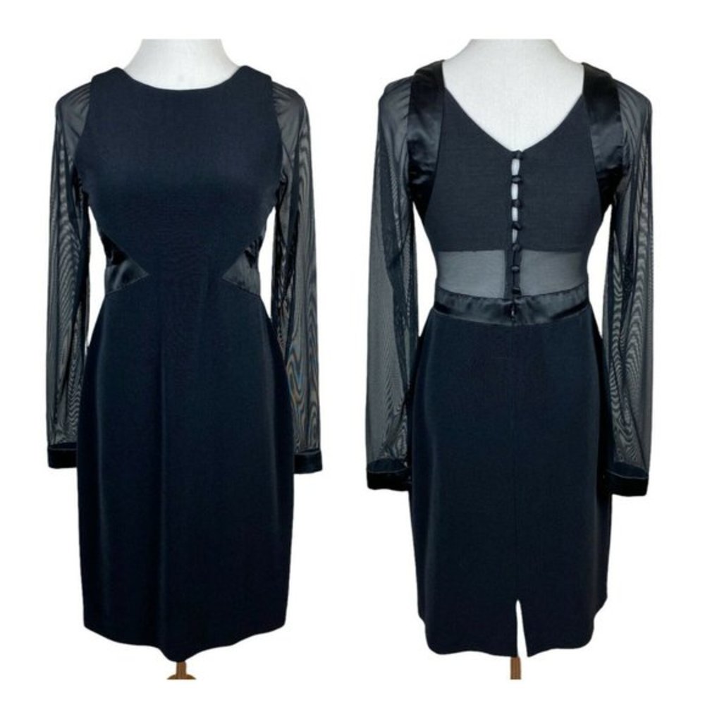 Vintage Late Edition Dress‎ 10 Sheath Black LBD Sheer Mesh Long Sleeve Stretch